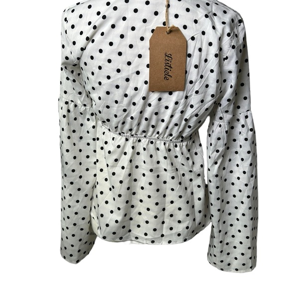 LISTICLE peplum bell long sleeve deep V front bow accent polka dots blouse top - Picture 4 of 6